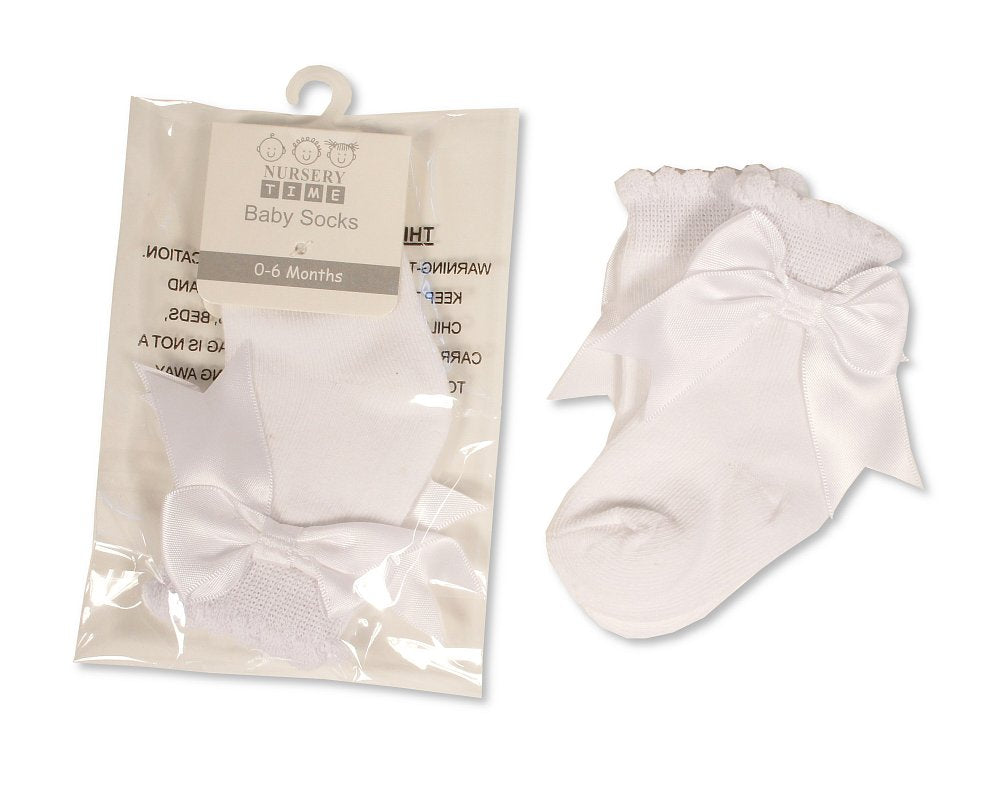 White Satin Bow Scallop Socks